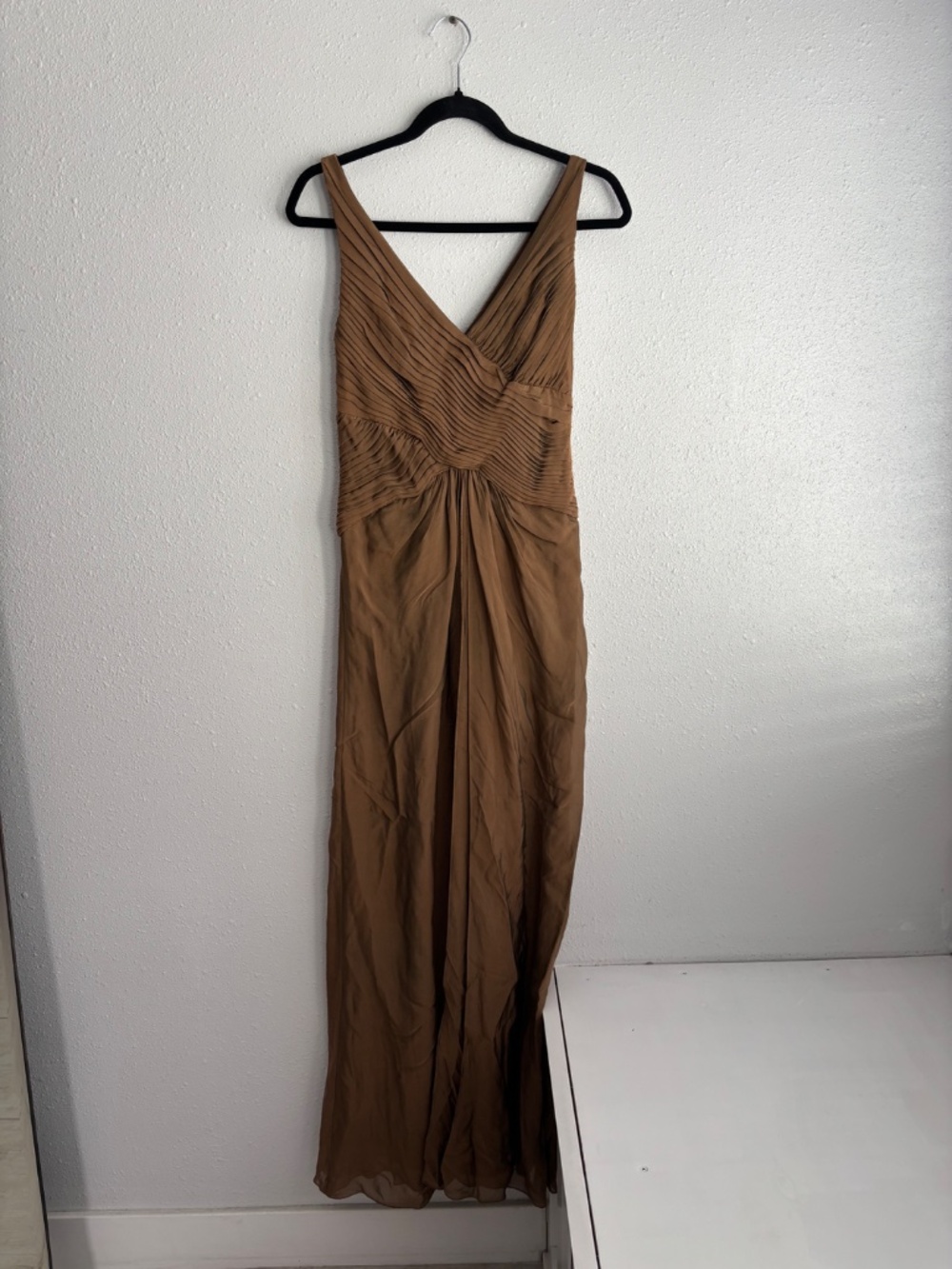 NWT Tadashi Collection Brown Shimmer 100% Silk Pleated Bodice Maxi Gown